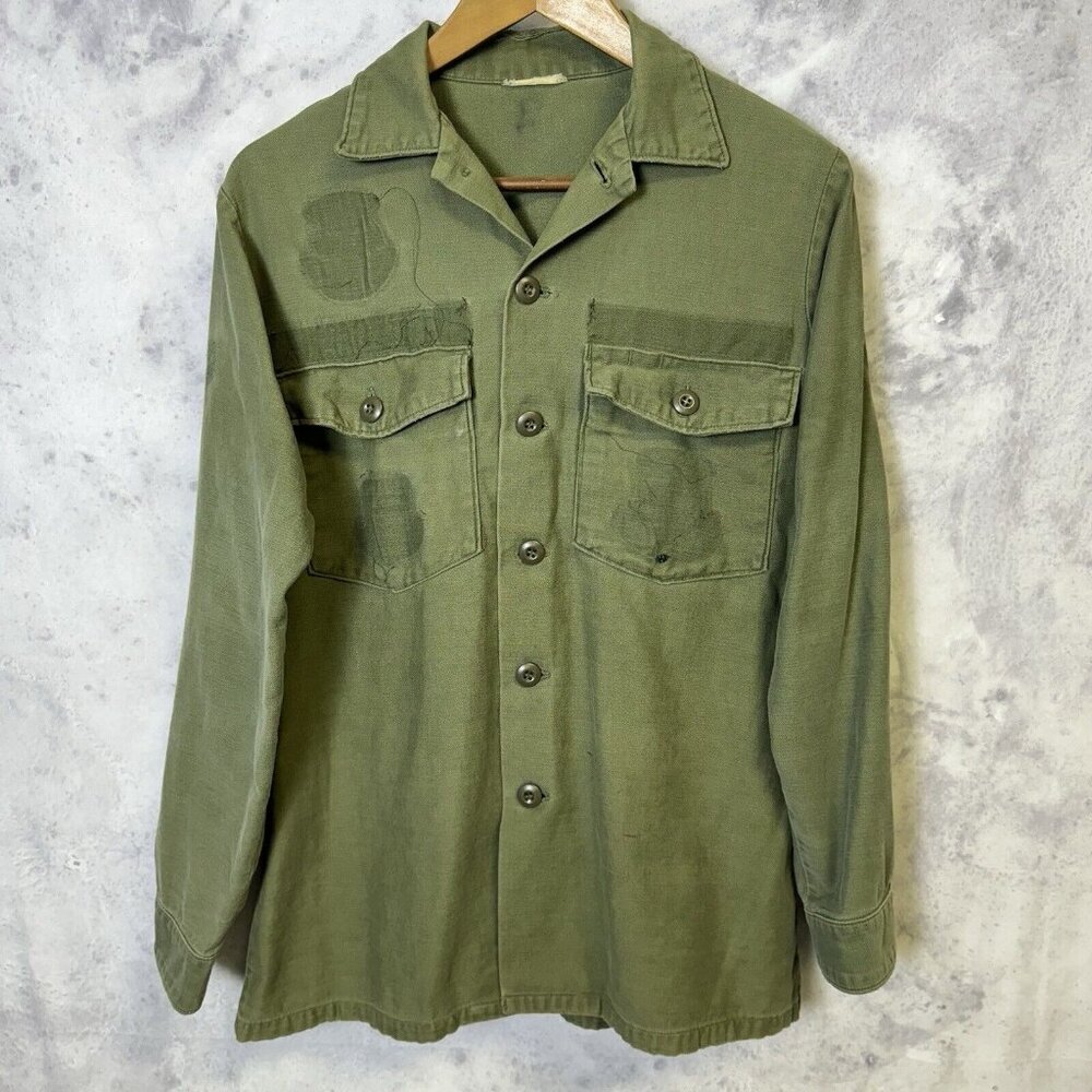 Vintage OG-107 Sateen Military Shirt Mens Medium Green Button Up Long Sleeve